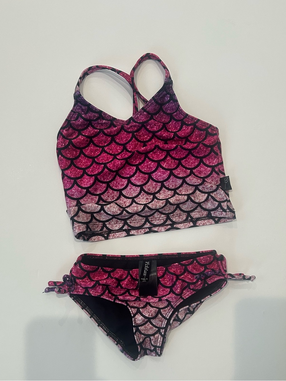 Pixielane Girls Two-Piece Swim Set - Pink & Black Mermaid Scale, Size 3